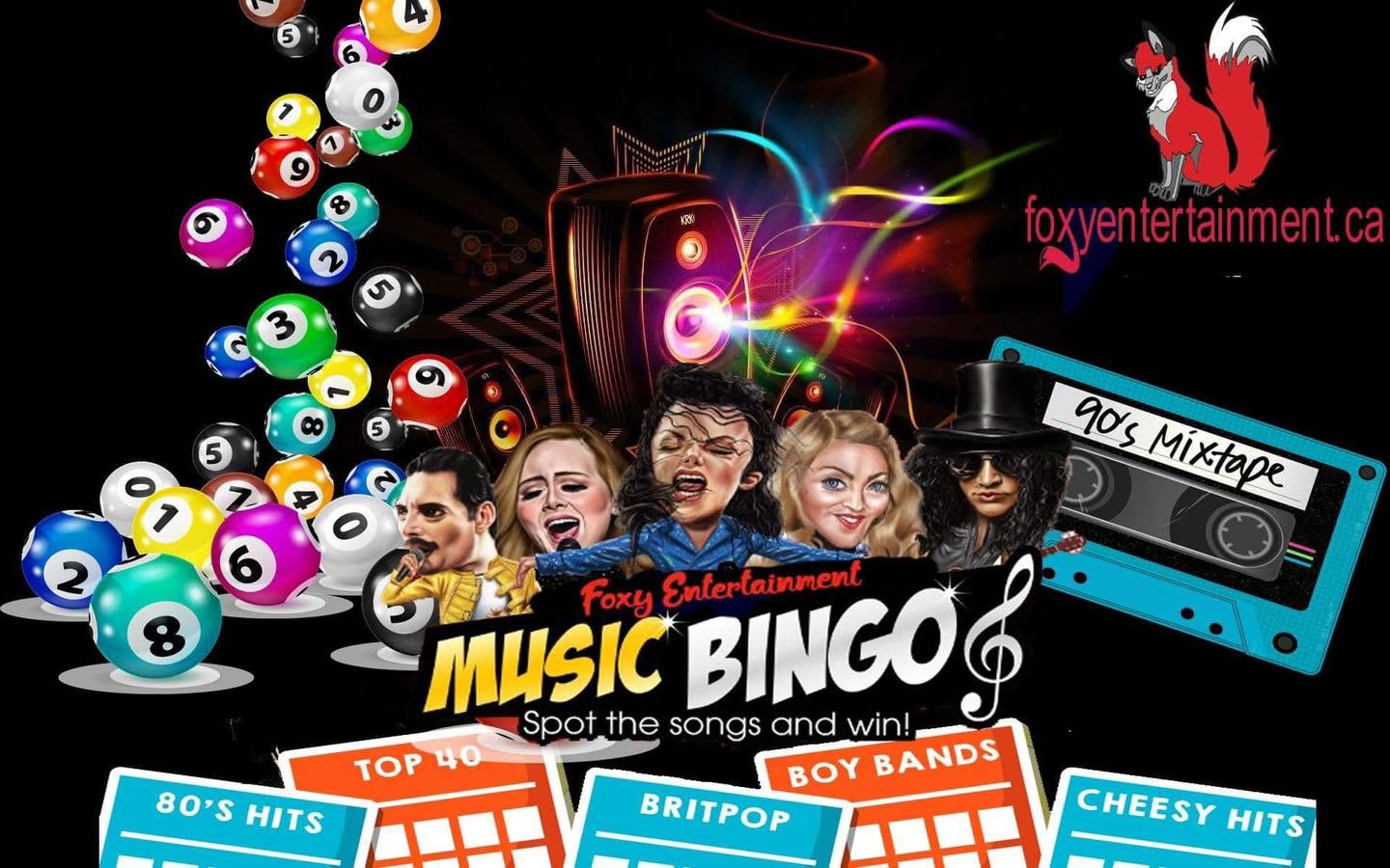 Music Video Bingo graphic with music categories and bingo balls